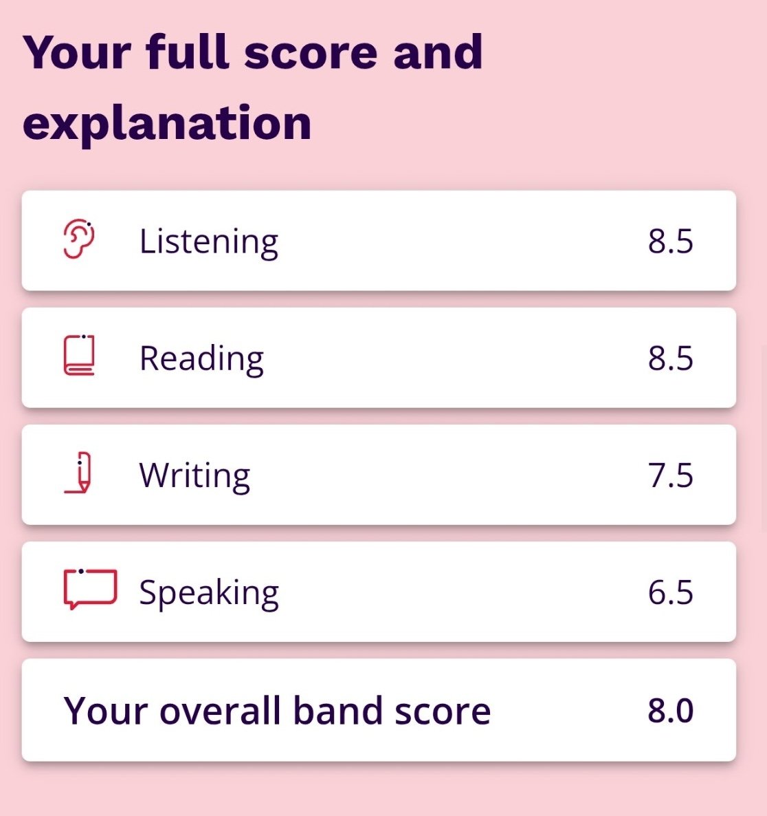 Результат IELTS: Listening 8.5, Reading 8.5, Writing 7.5, Speaking 6.5, overall 8.0