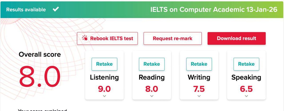 Результат IELTS on Computer Academic: Listening 9.0, Reading 8.0, Writing 7.5, Speaking 6.5, overall 8.0